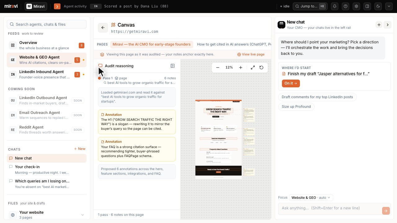 A tracked AI prompt opened as an annotated page audit in Miravi