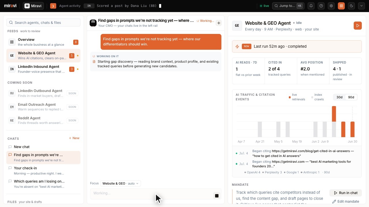 Miravi researching new AI prompts live, activity step by step