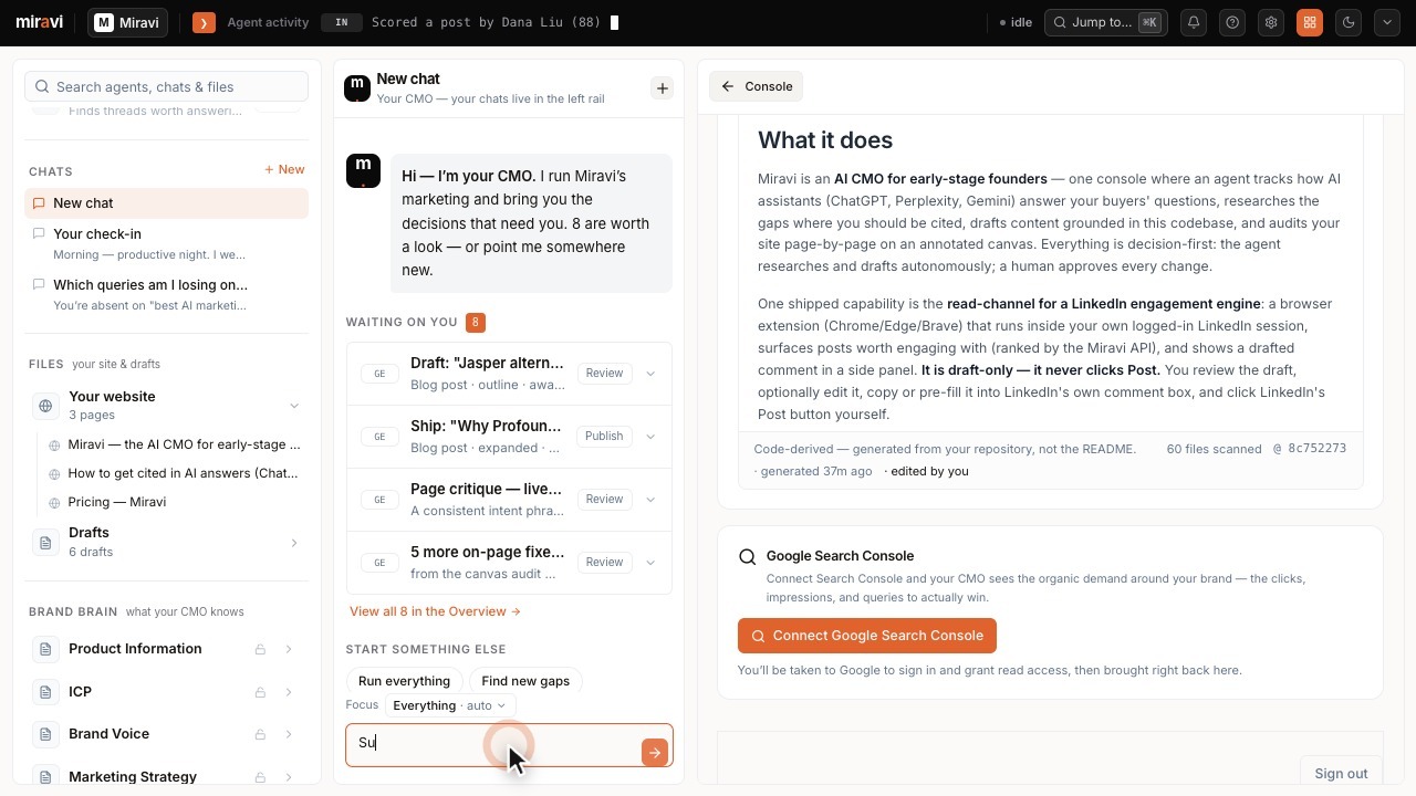 Miravi’s code-derived product brief beside the founder’s chat