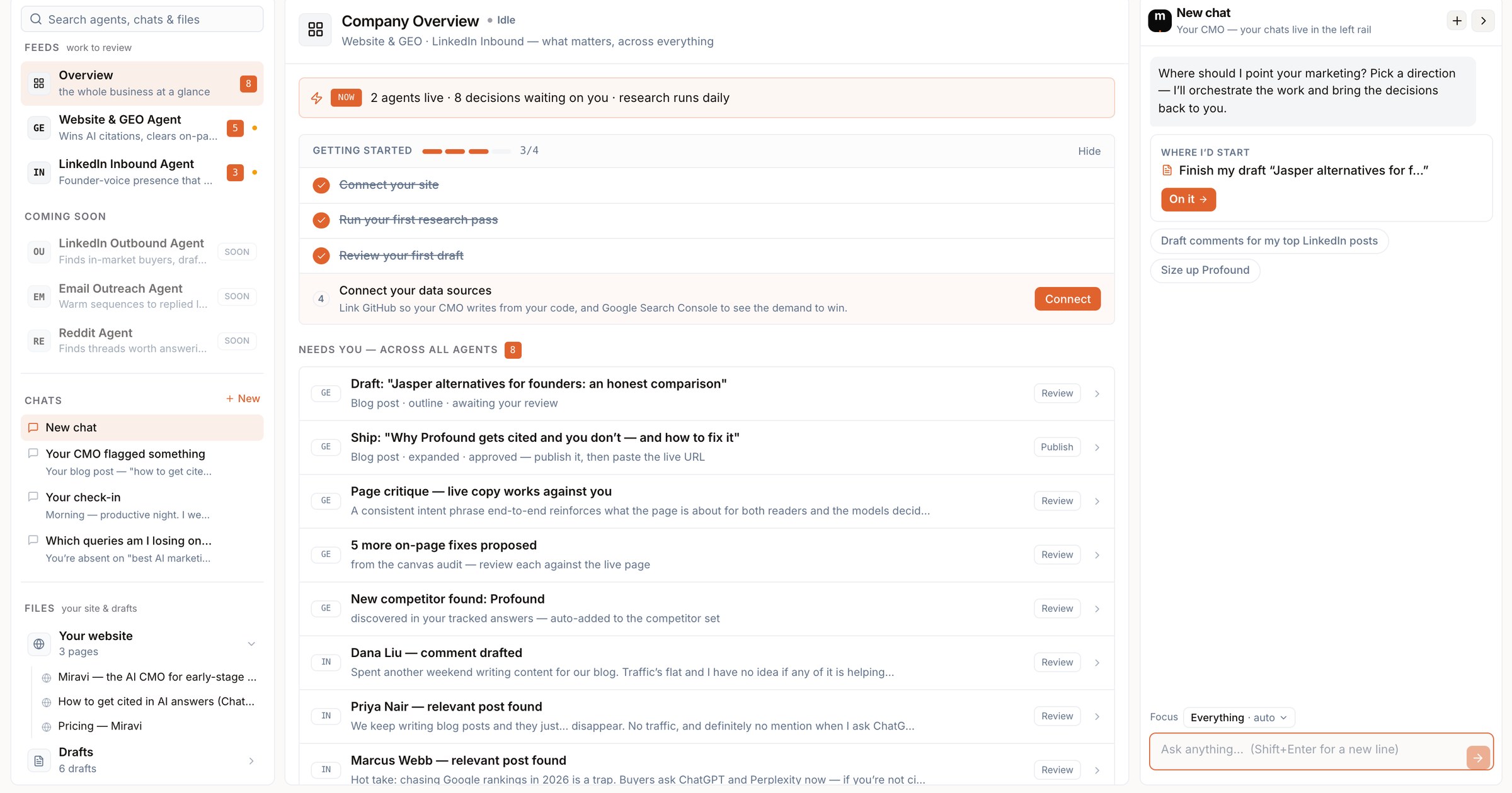 The Miravi console: your AI CMO’s decision queue, tracked prompts, and AI-traffic proof.